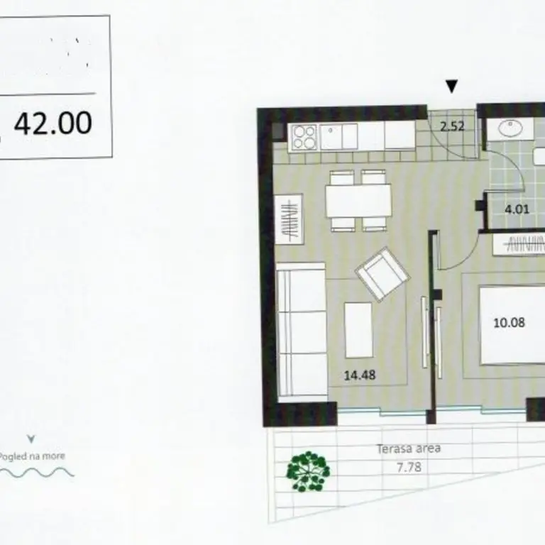 Skica stana od 42m2 sa pogledom na more