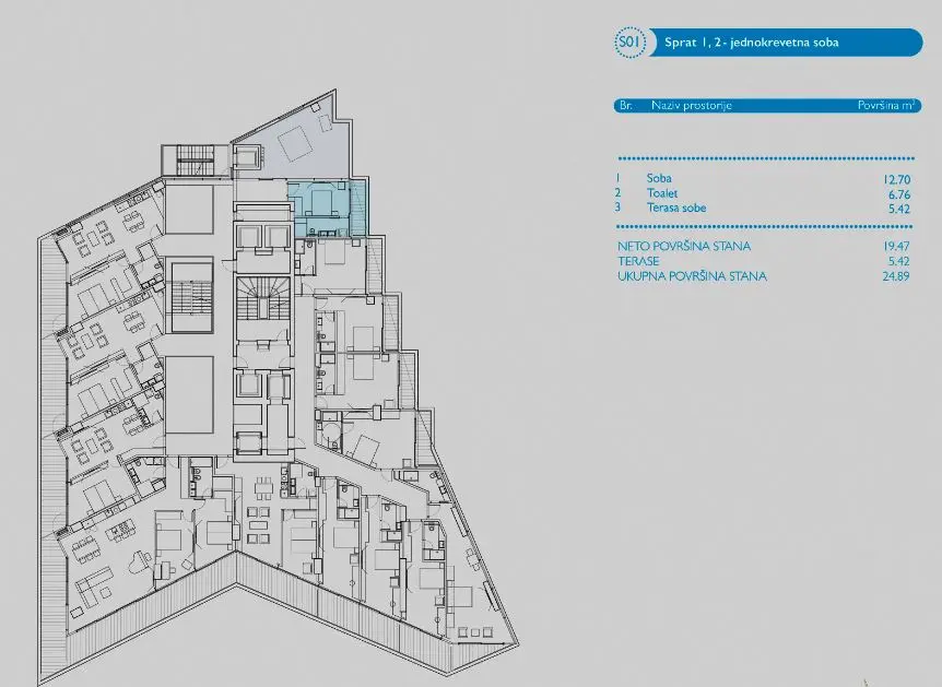 Jednokrevetna soba povrsine 25m2