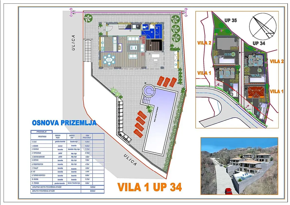Skica prizemlja i raspored prostorija vile 1 UP 34