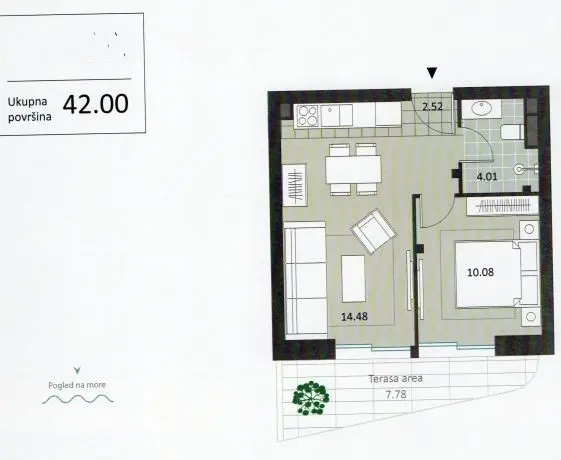 Skica stana od 42m2 sa pogledom na more
